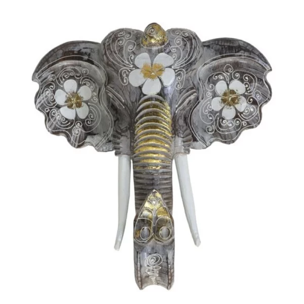 Cabeza Elefante pared 40cm gris/flor Blanca